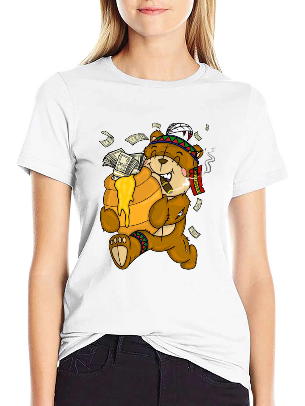 Cartoon Bear Hustle Graphic T-Shirt