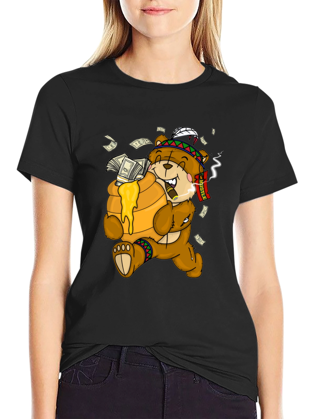Cartoon Bear Hustle Graphic T-Shirt