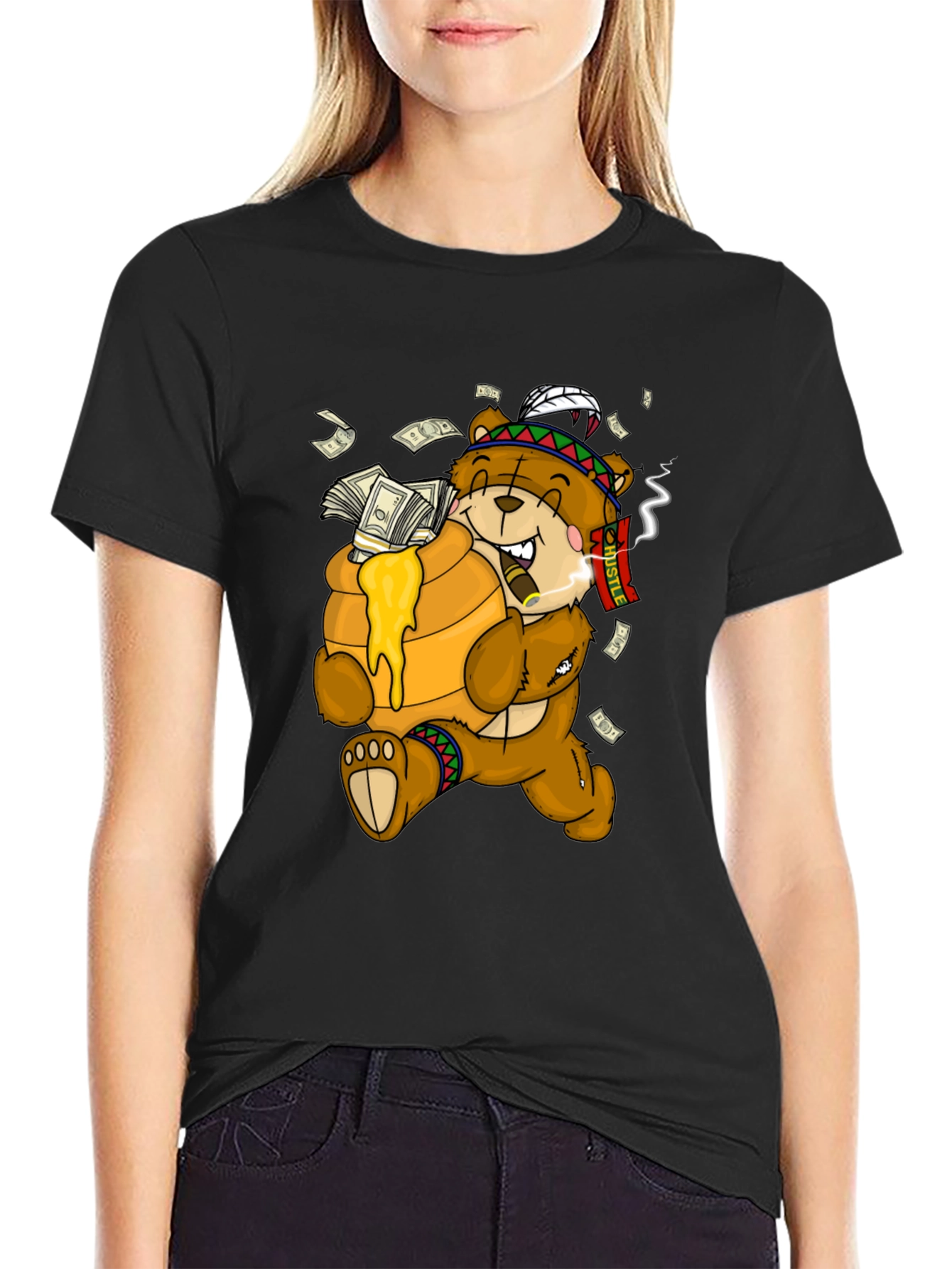 Cartoon Bear Hustle Graphic T-Shirt