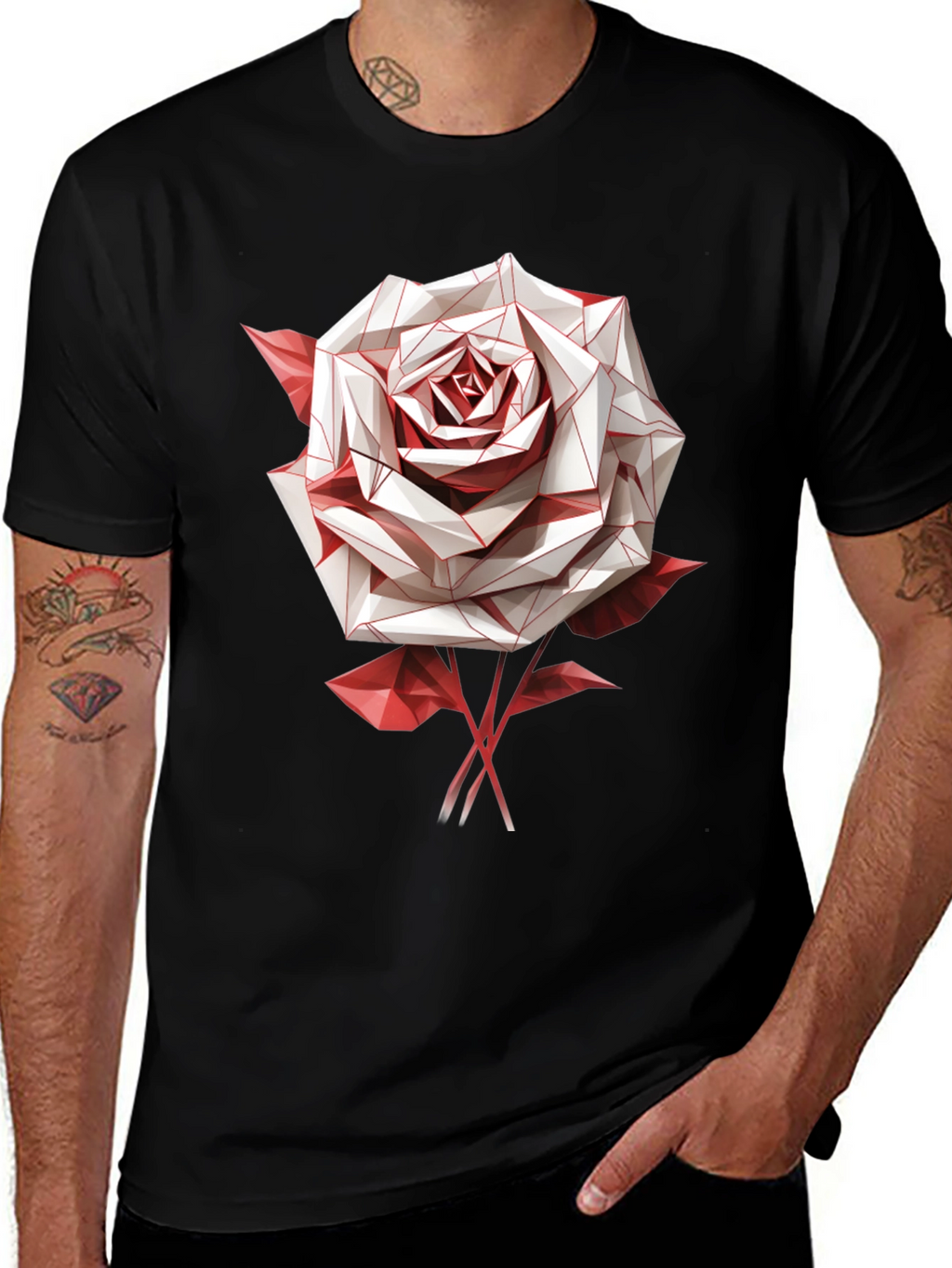 Geometric Rose Graphic Tee - Stylish Mens Black T-Shirt