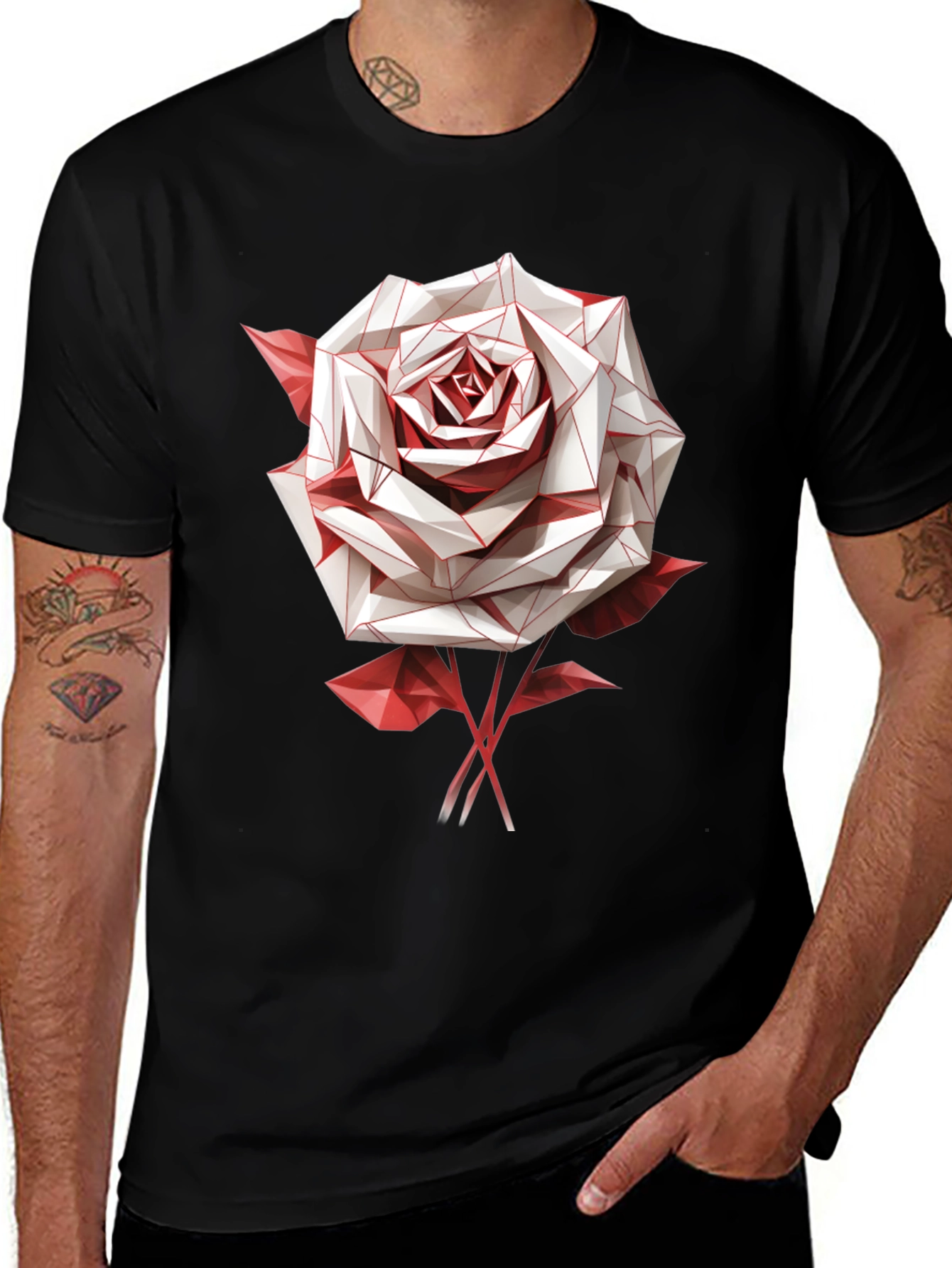Geometric Rose Graphic Tee - Stylish Mens Black T-Shirt