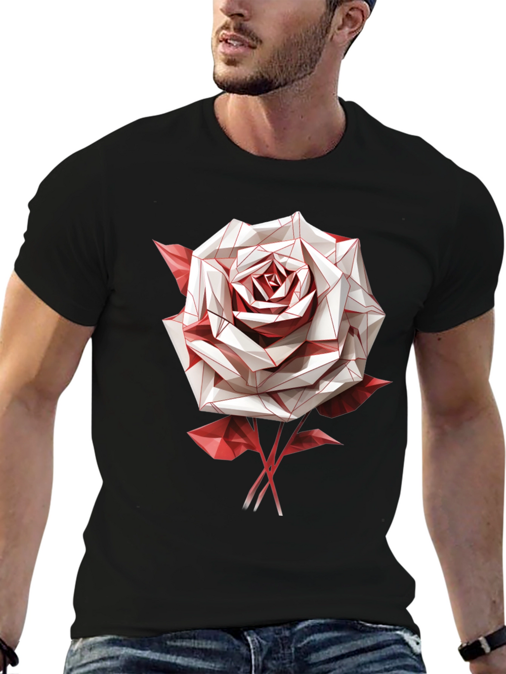 Geometric Rose Graphic Tee - Stylish Mens Black T-Shirt