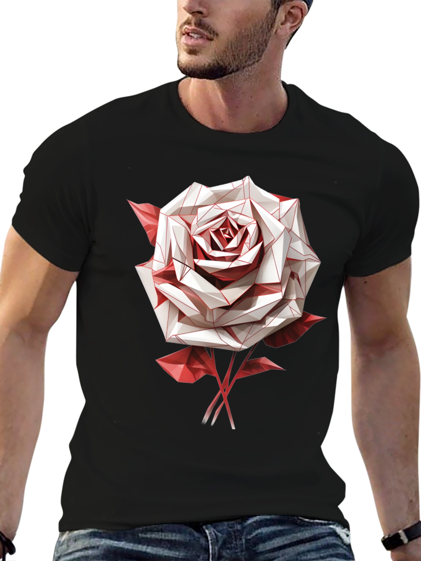 Geometric Rose Graphic Tee - Stylish Mens Black T-Shirt