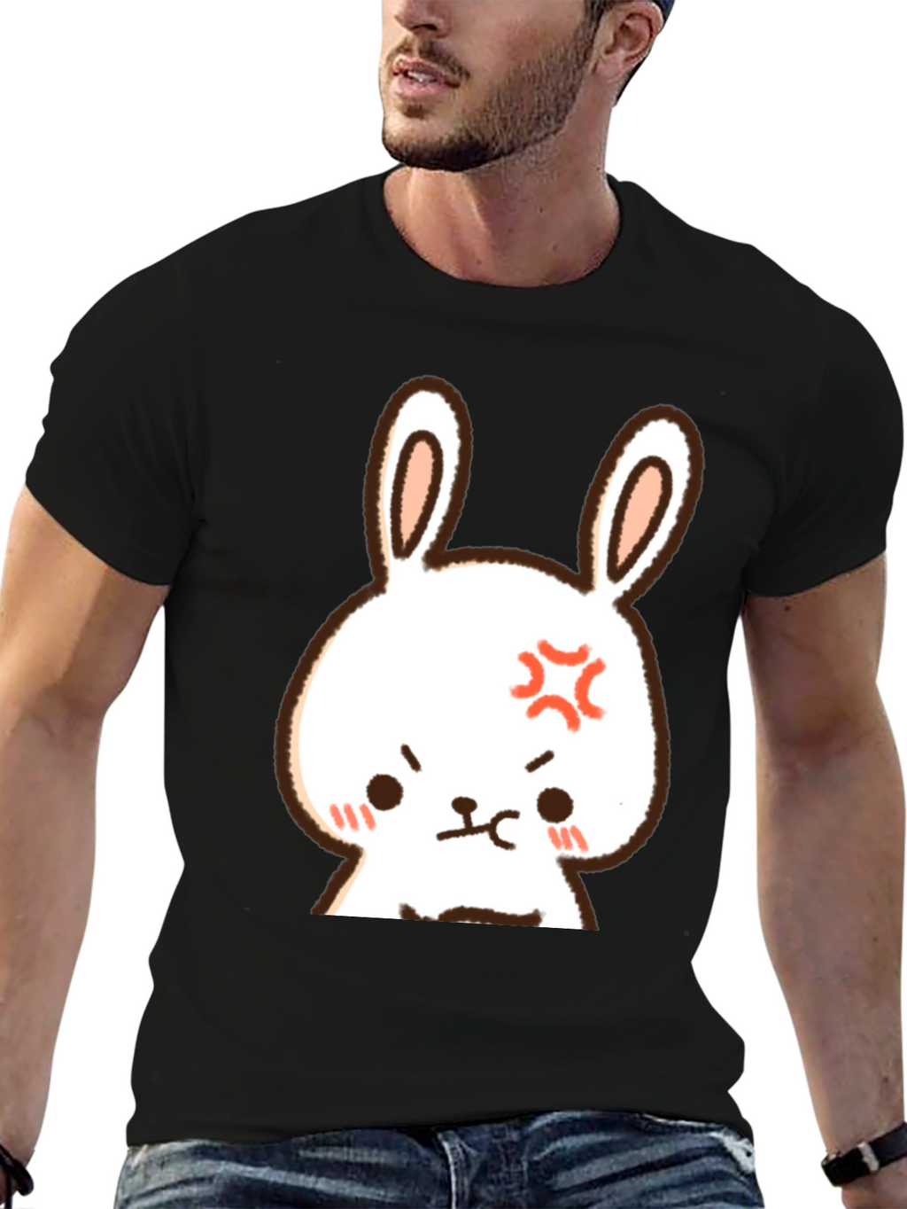 Angry Bunny Graphic Tee - Mens Black Cotton T-Shirt
