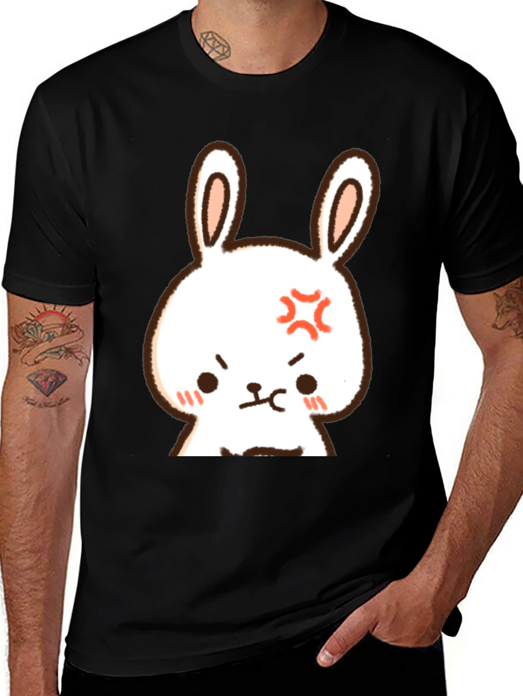 Angry Bunny Graphic Tee - Mens Black Cotton T-Shirt