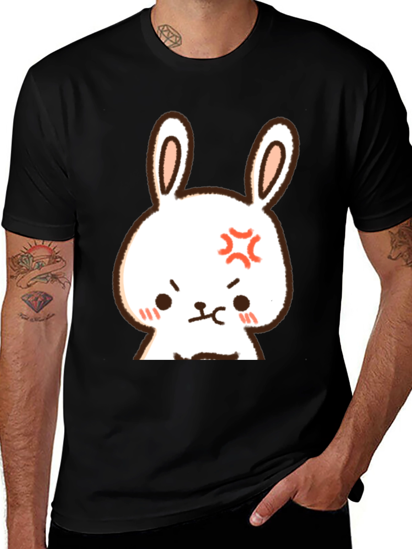 Angry Bunny Graphic Tee - Mens Black Cotton T-Shirt