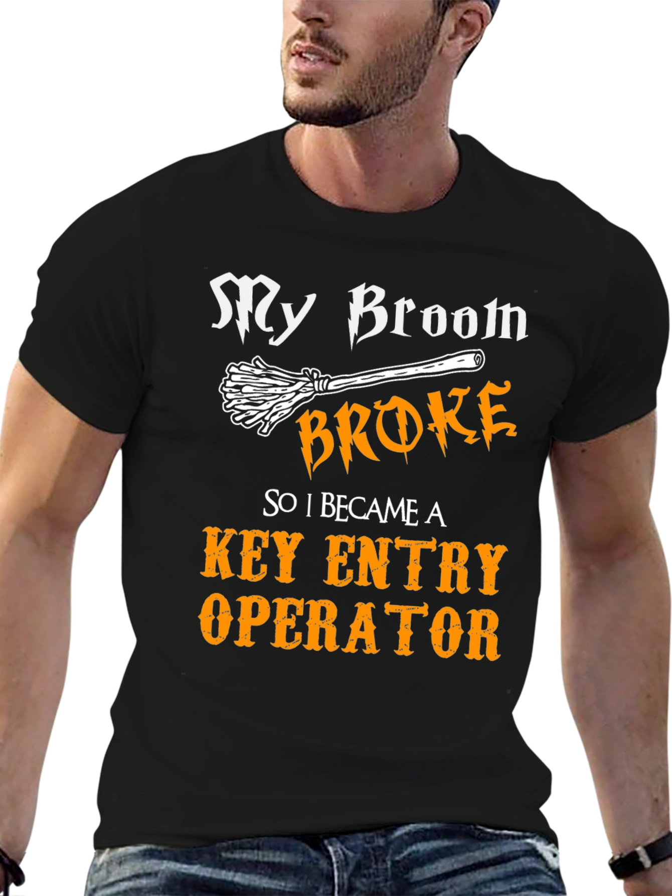 Funny Key Entry Operator T-Shirt Broom Broke Halloween Tee