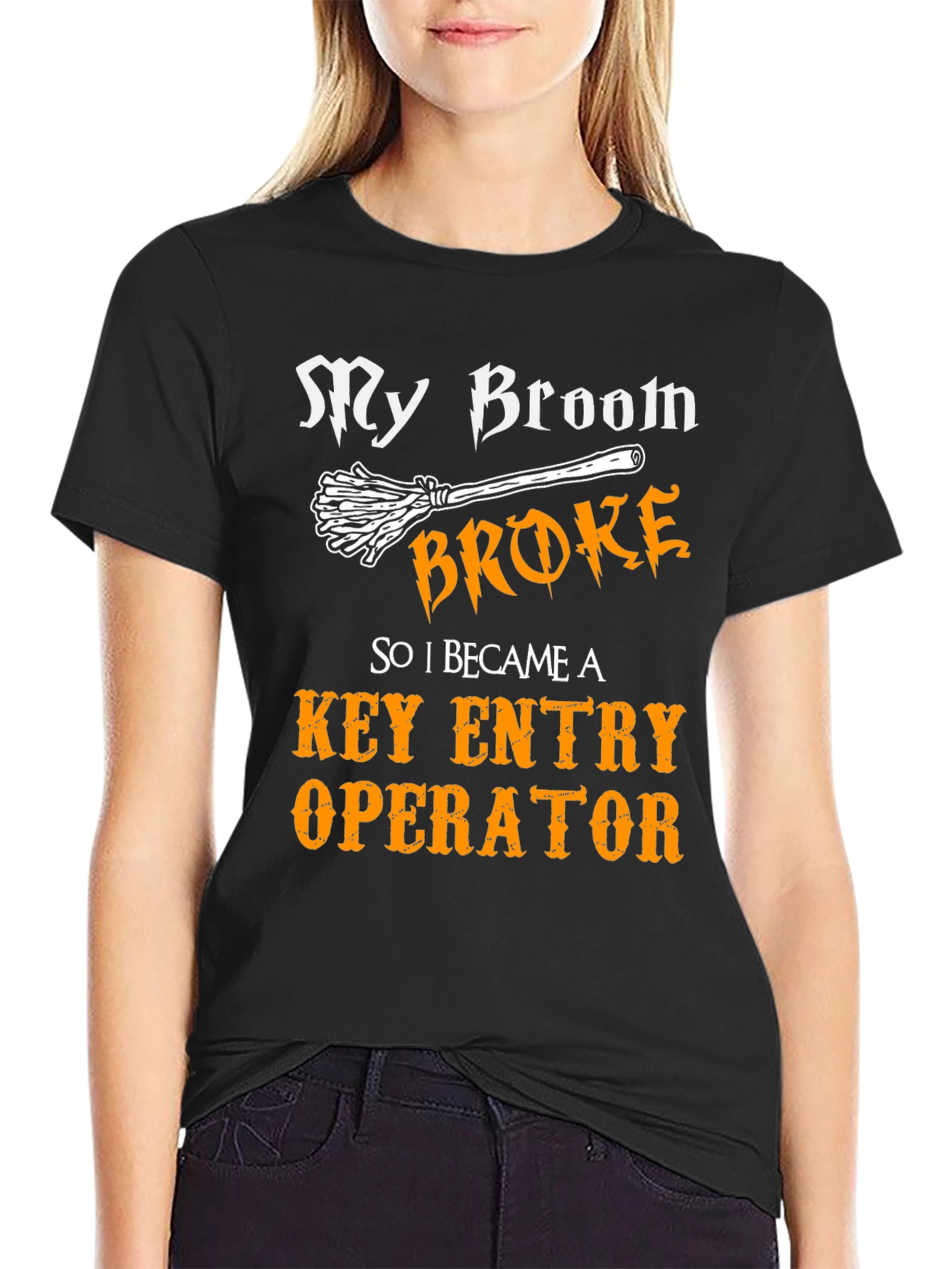 Funny Key Entry Operator T-Shirt Broom Broke Halloween Tee