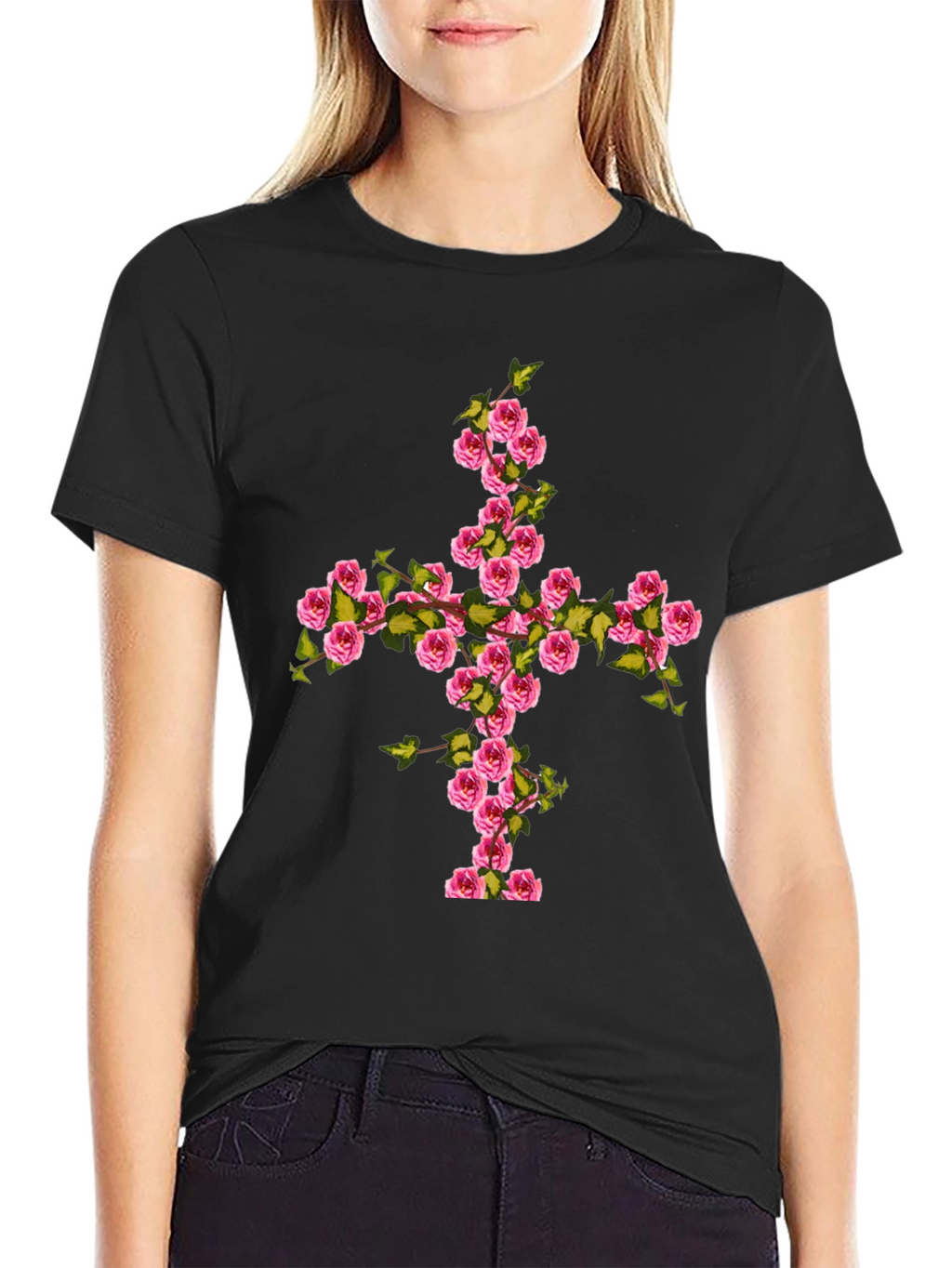 Floral Cross Graphic Tee - Black