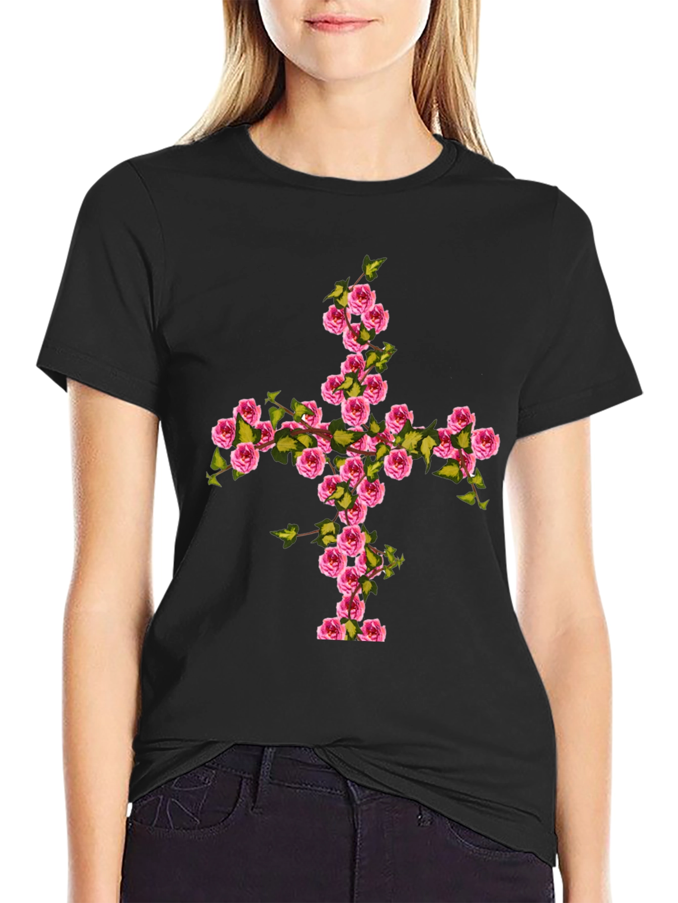 Floral Cross Graphic Tee - Black