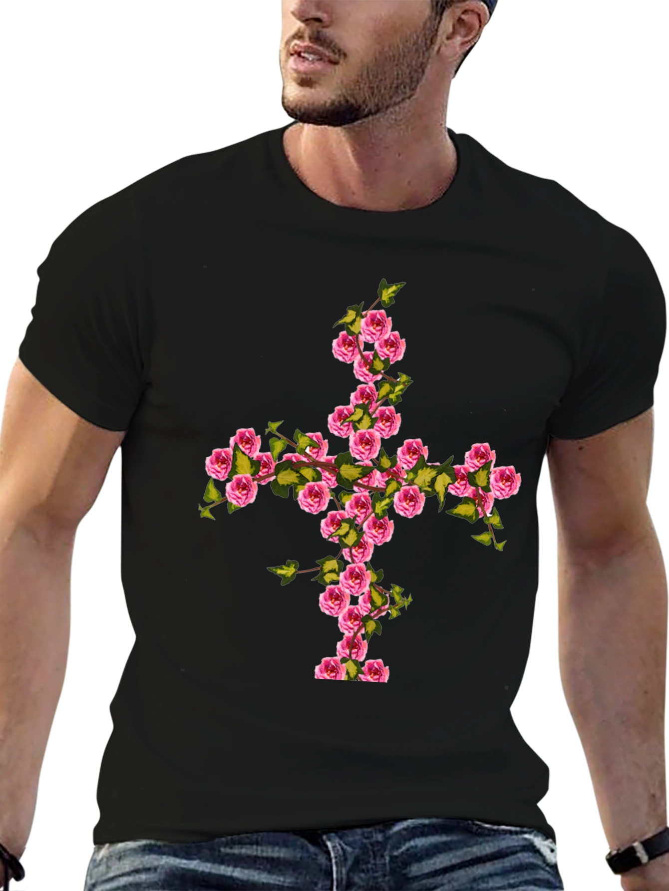 Floral Cross Graphic Tee - Black