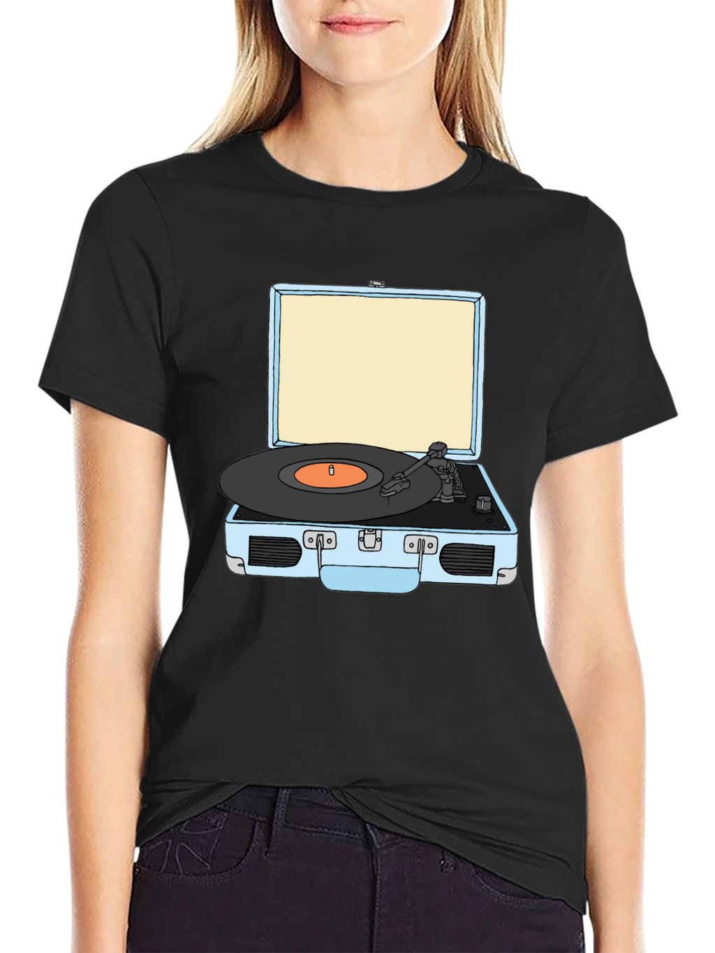 Retro Turntable Graphic Tee - Black Cotton T-Shirt