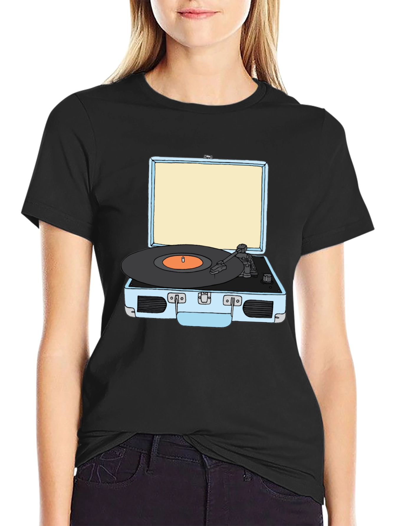 Retro Turntable Graphic Tee - Black Cotton T-Shirt