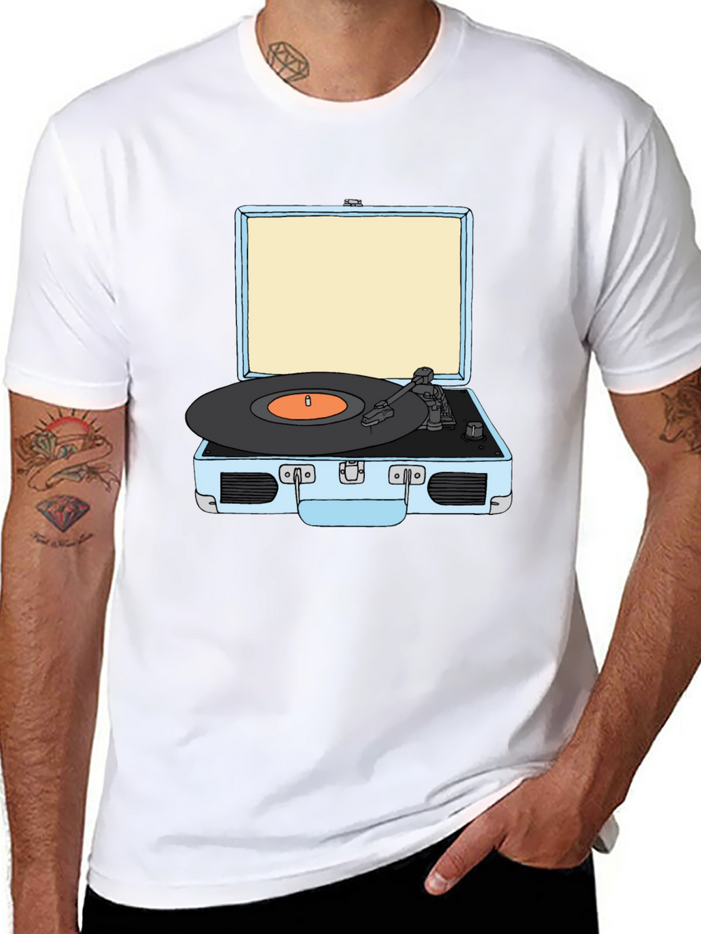 Retro Turntable Graphic Tee - Black Cotton T-Shirt