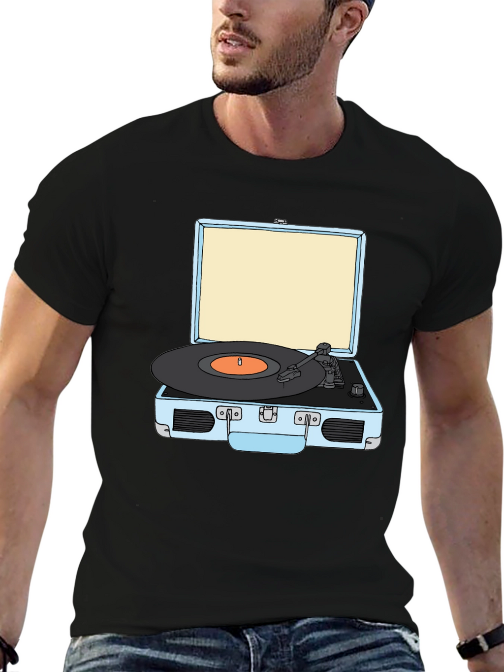 Retro Turntable Graphic Tee - Black Cotton T-Shirt