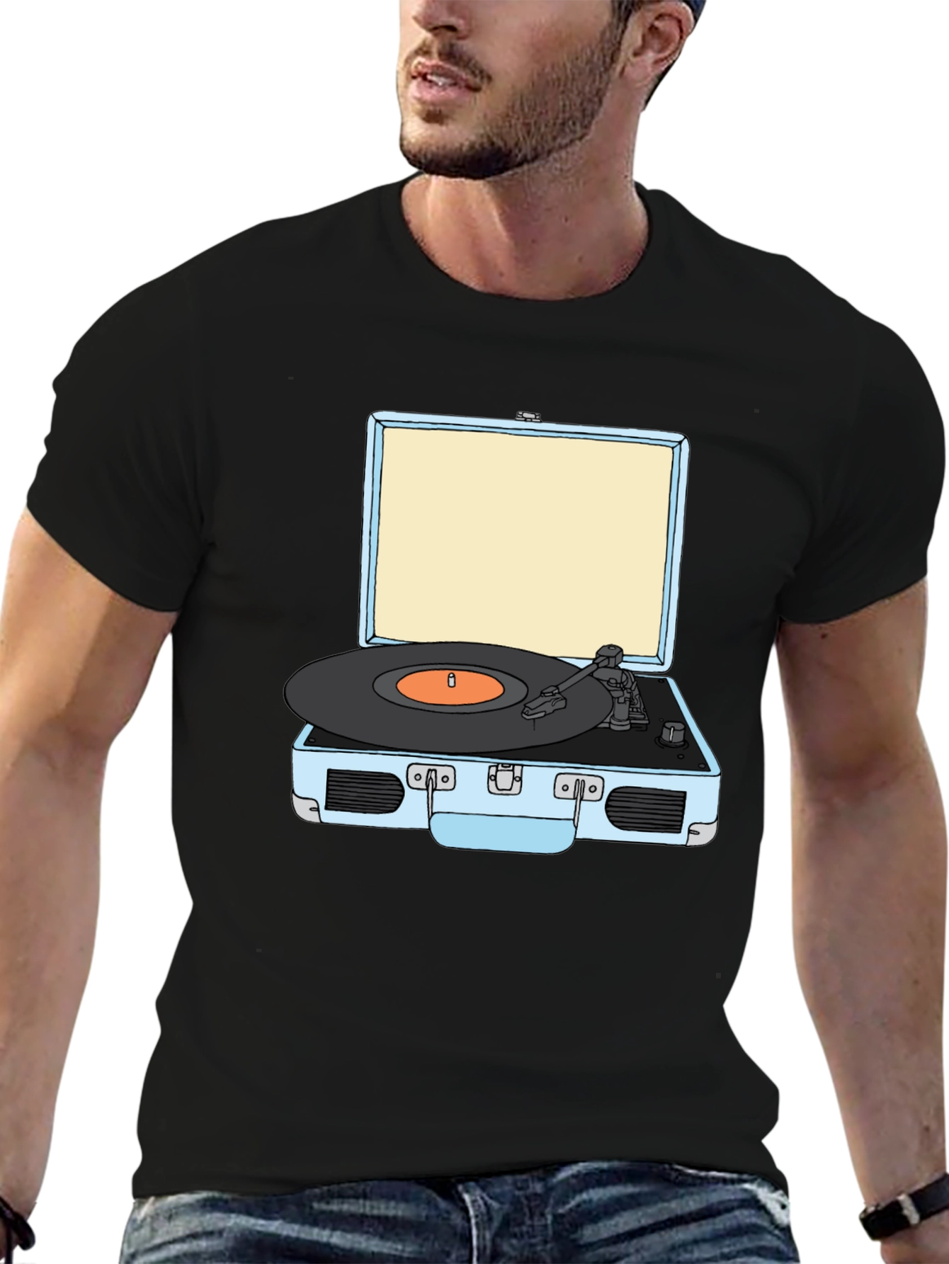 Retro Turntable Graphic Tee - Black Cotton T-Shirt