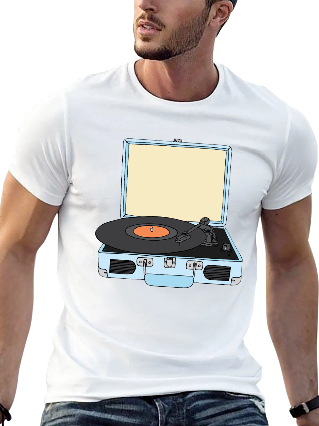 Retro Turntable Graphic Tee - Black Cotton T-Shirt