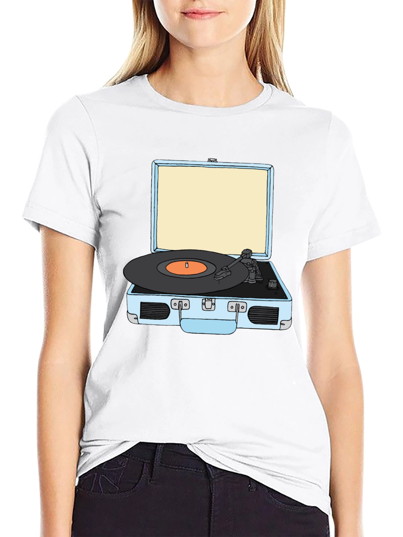 Retro Turntable Graphic Tee - Black Cotton T-Shirt