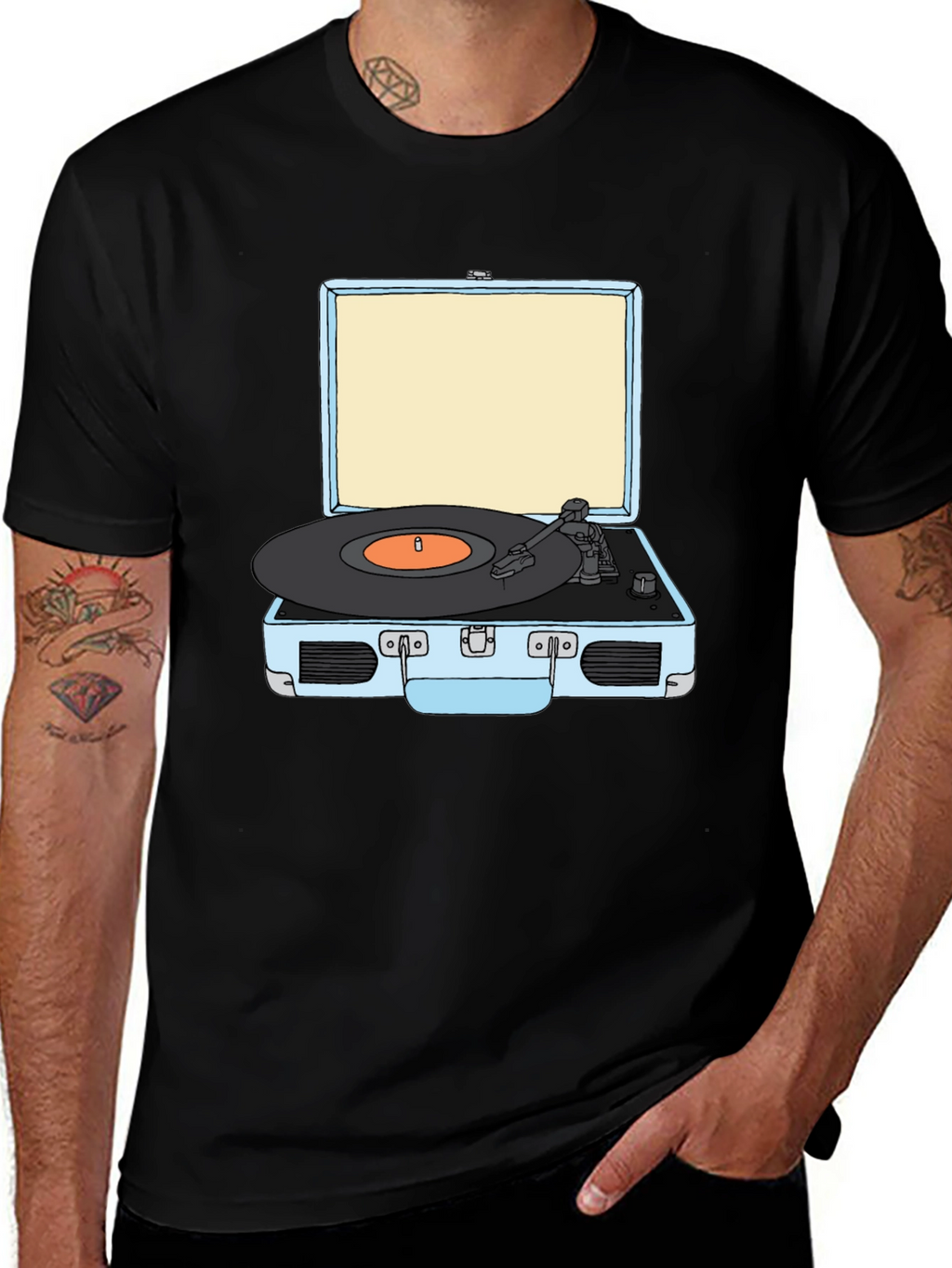 Retro Turntable Graphic Tee - Black Cotton T-Shirt