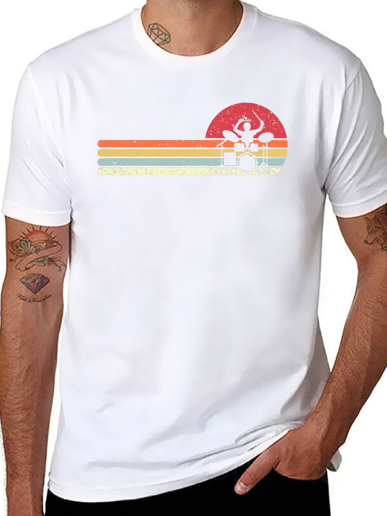 Retro Drummer Sunset Graphic Tee - Black