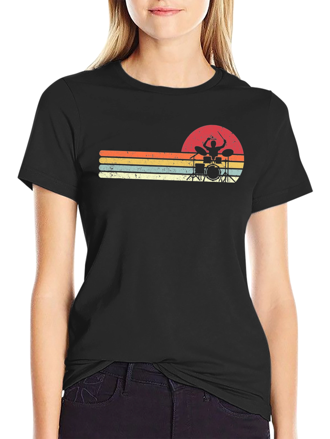Retro Drummer Sunset Graphic Tee - Black