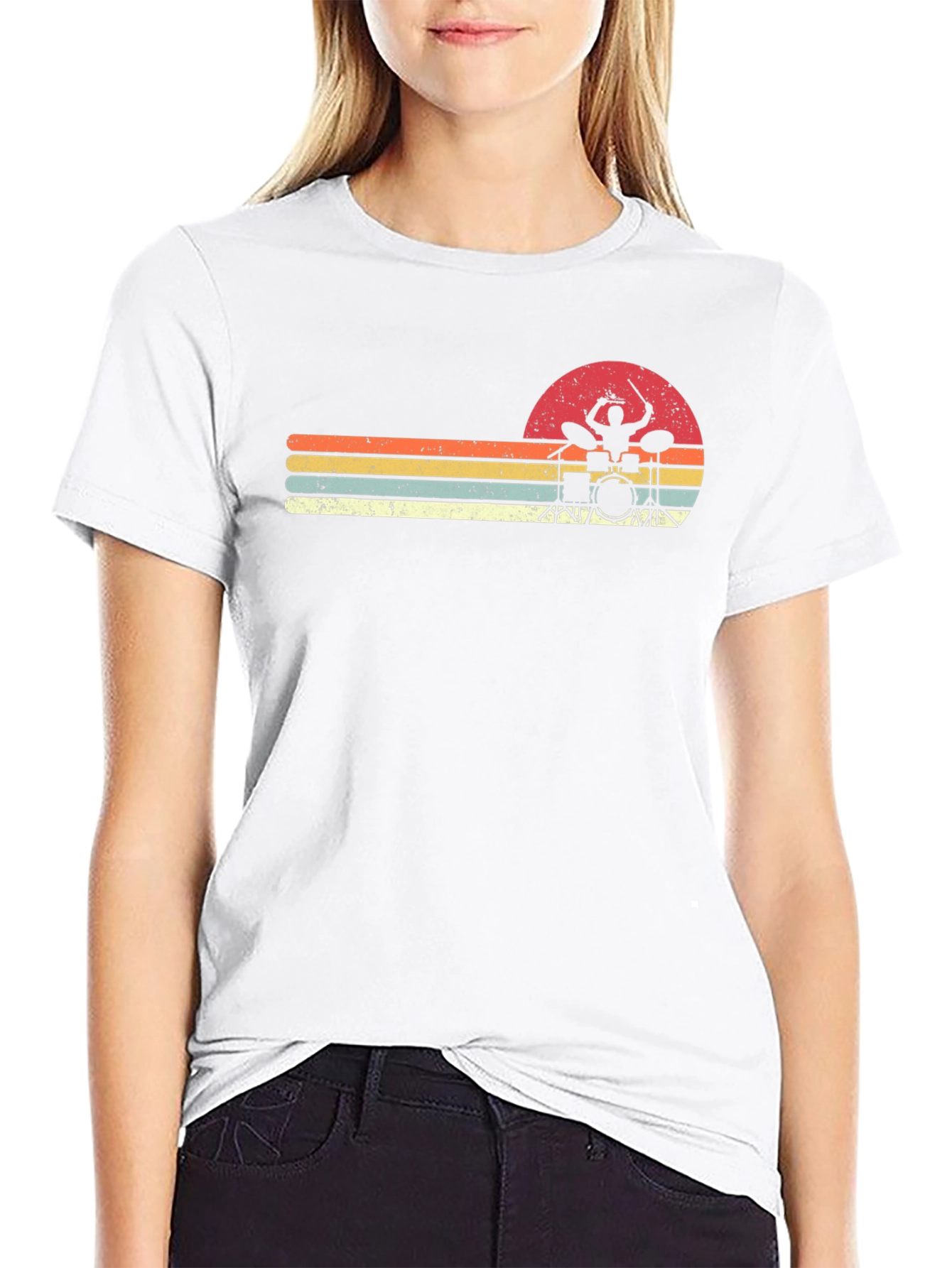 Retro Drummer Sunset Graphic Tee - Black