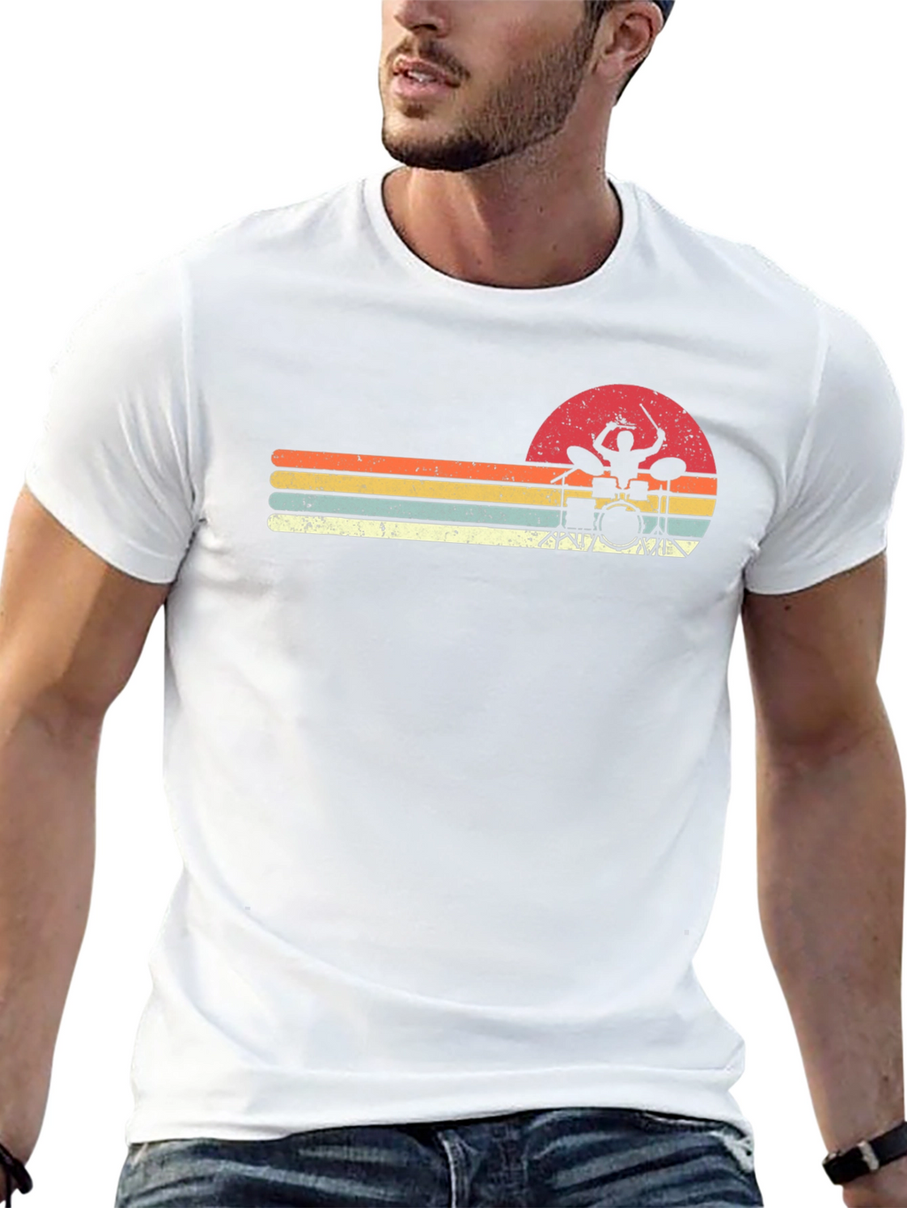 Retro Drummer Sunset Graphic Tee - Black