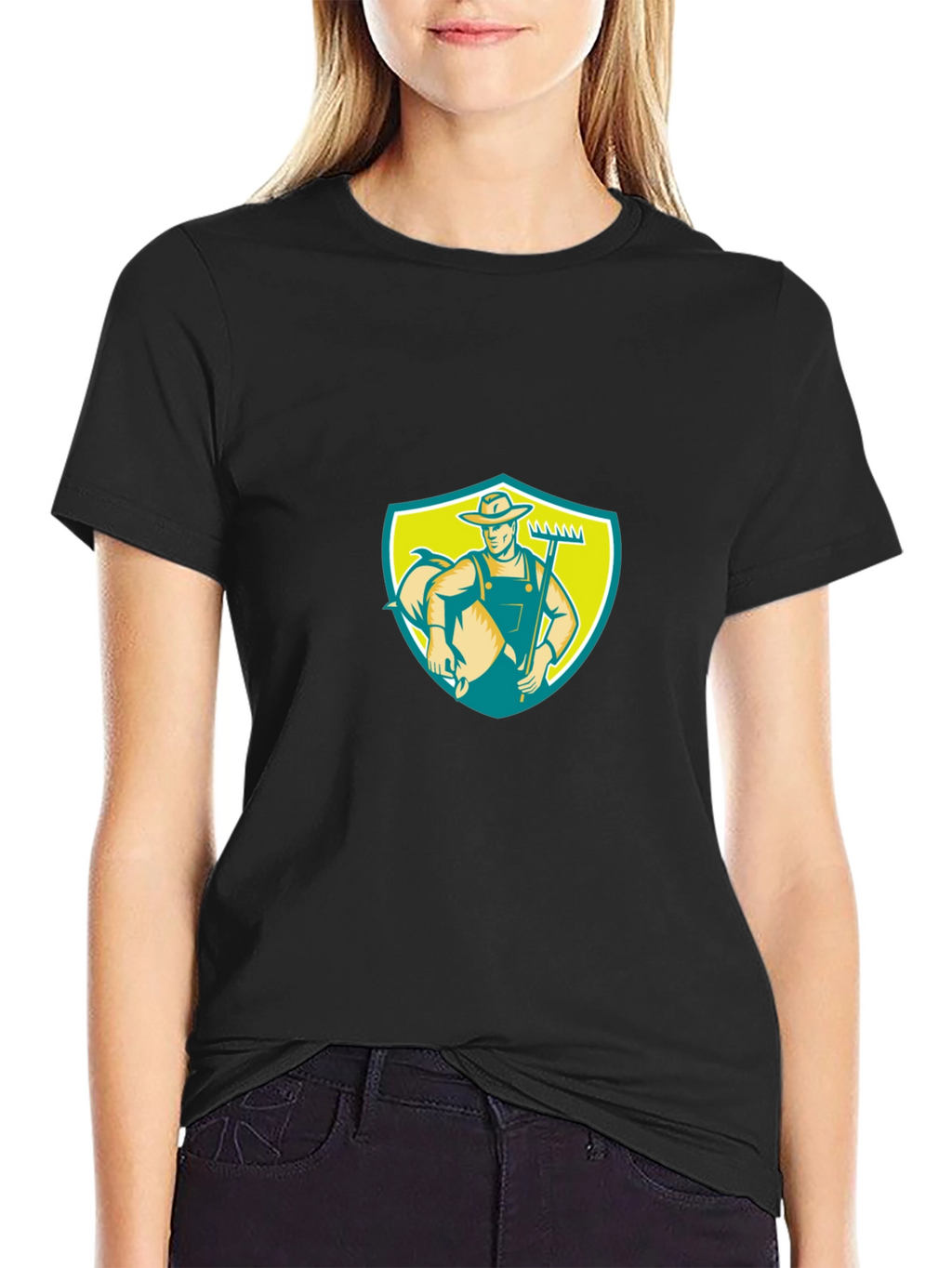 Retro Farmer Graphic Tee - Black Cotton Casual Shirt