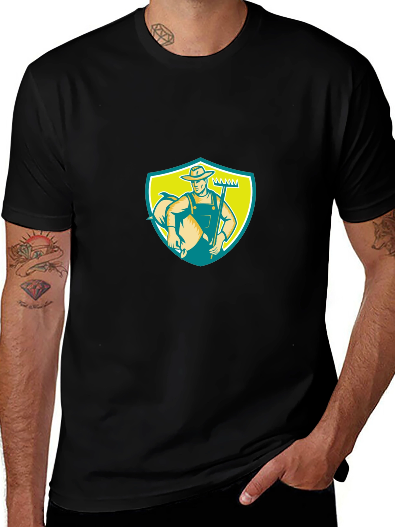 Retro Farmer Graphic Tee - Black Cotton Casual Shirt