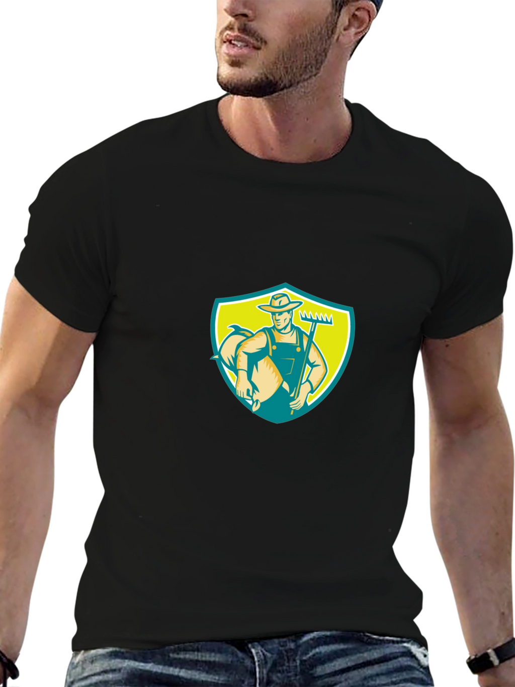 Retro Farmer Graphic Tee - Black Cotton Casual Shirt