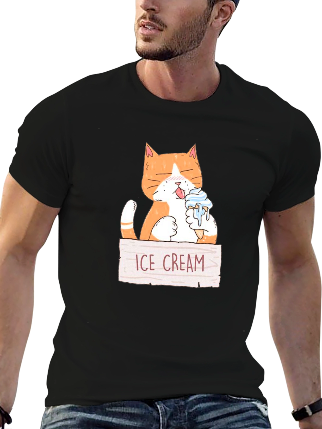 Funny Cat Eating Ice Cream Graphic T-Shirt