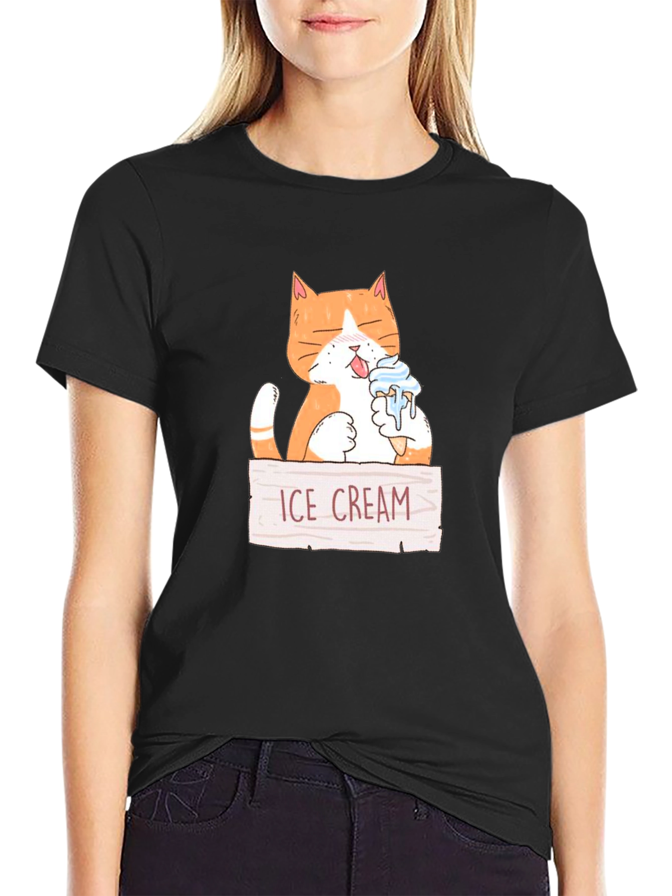 Funny Cat Eating Ice Cream Graphic T-Shirt