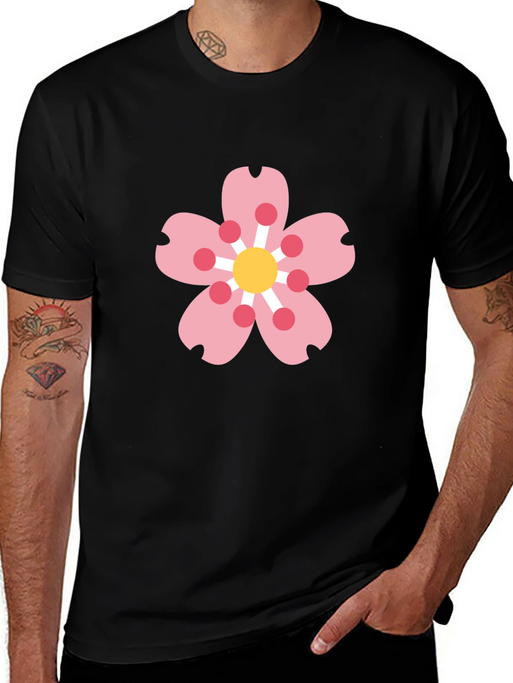 Black Tee with Sakura Blossom Graphic