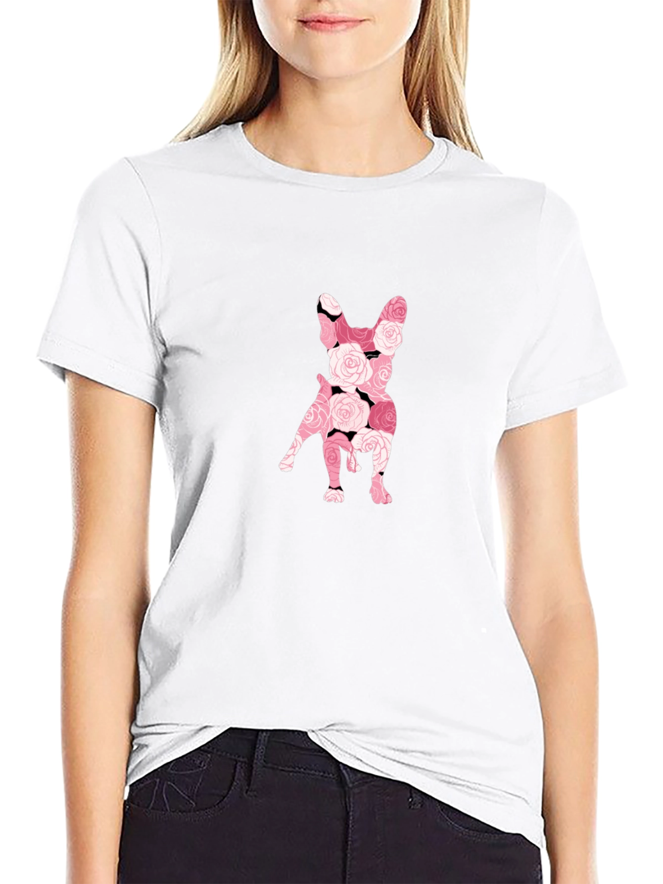 Floral French Bulldog Graphic Tee - Black