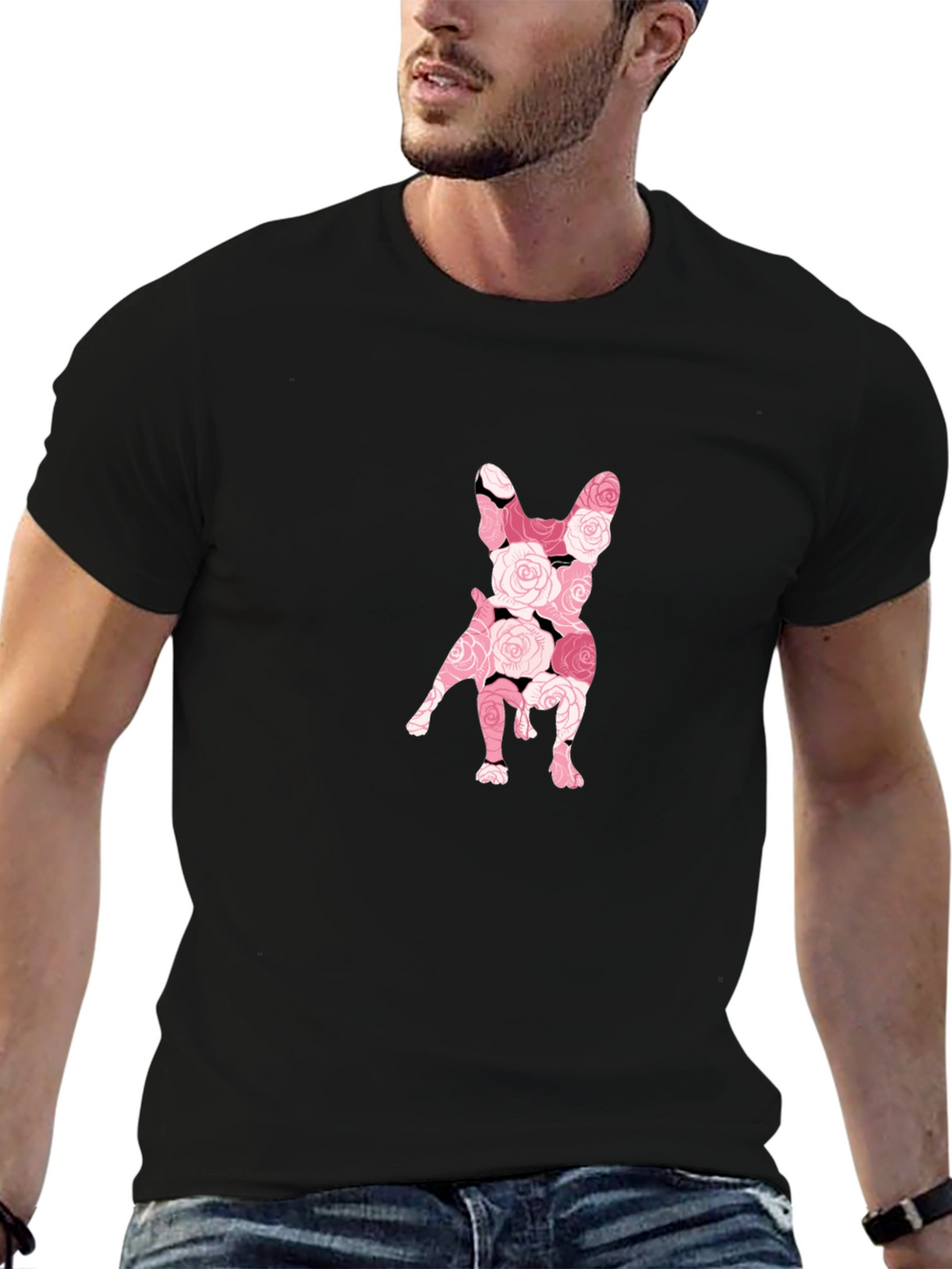 Floral French Bulldog Graphic Tee - Black