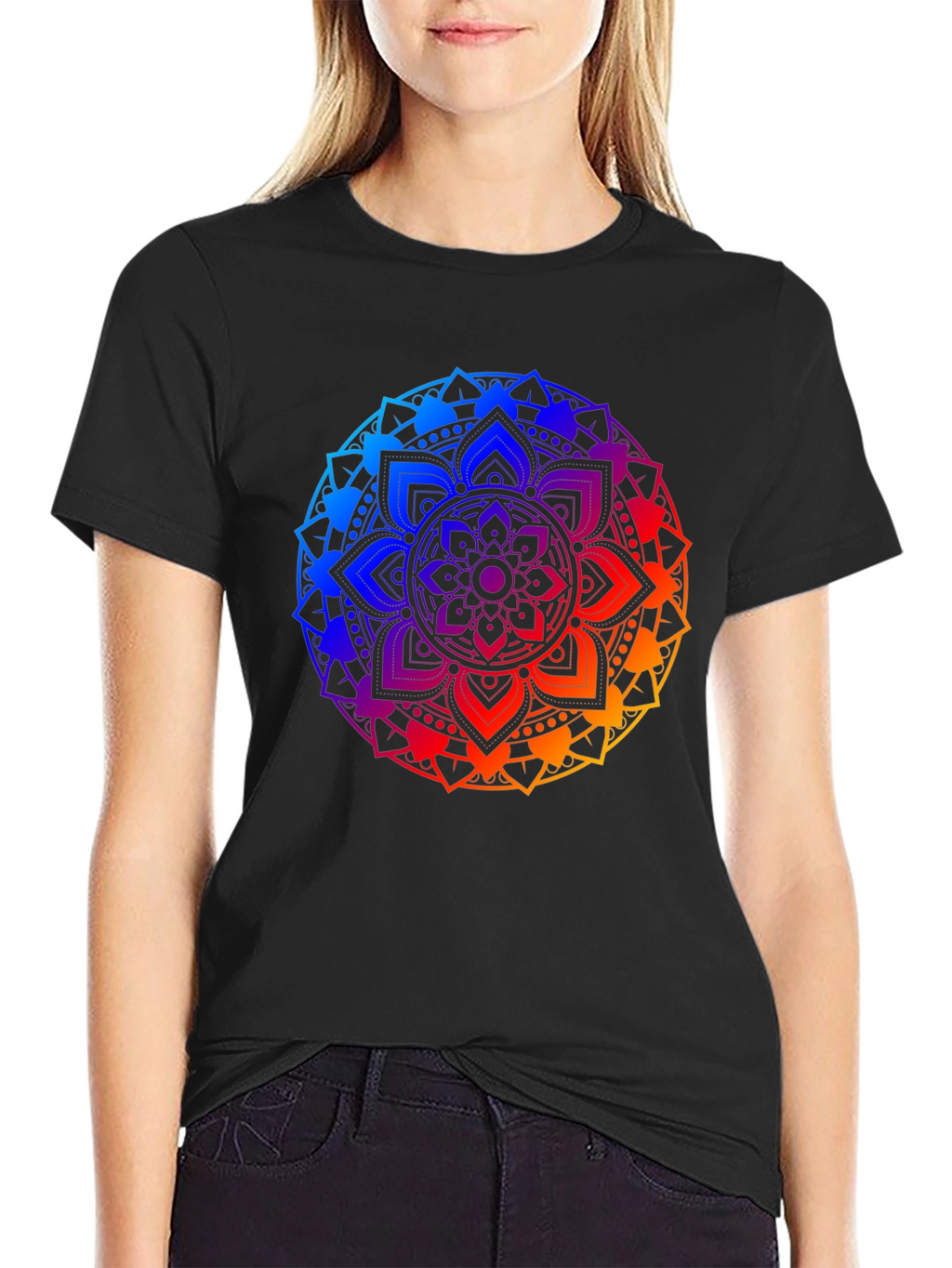 Rainbow Mandala Graphic Tee - Black Cotton Blend