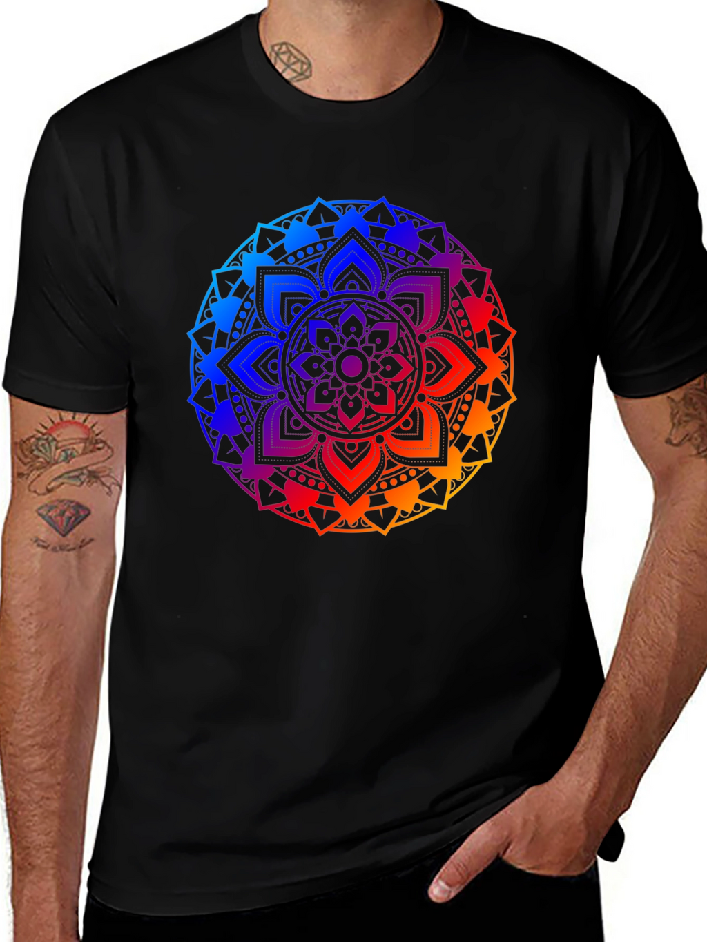 Rainbow Mandala Graphic Tee - Black Cotton Blend