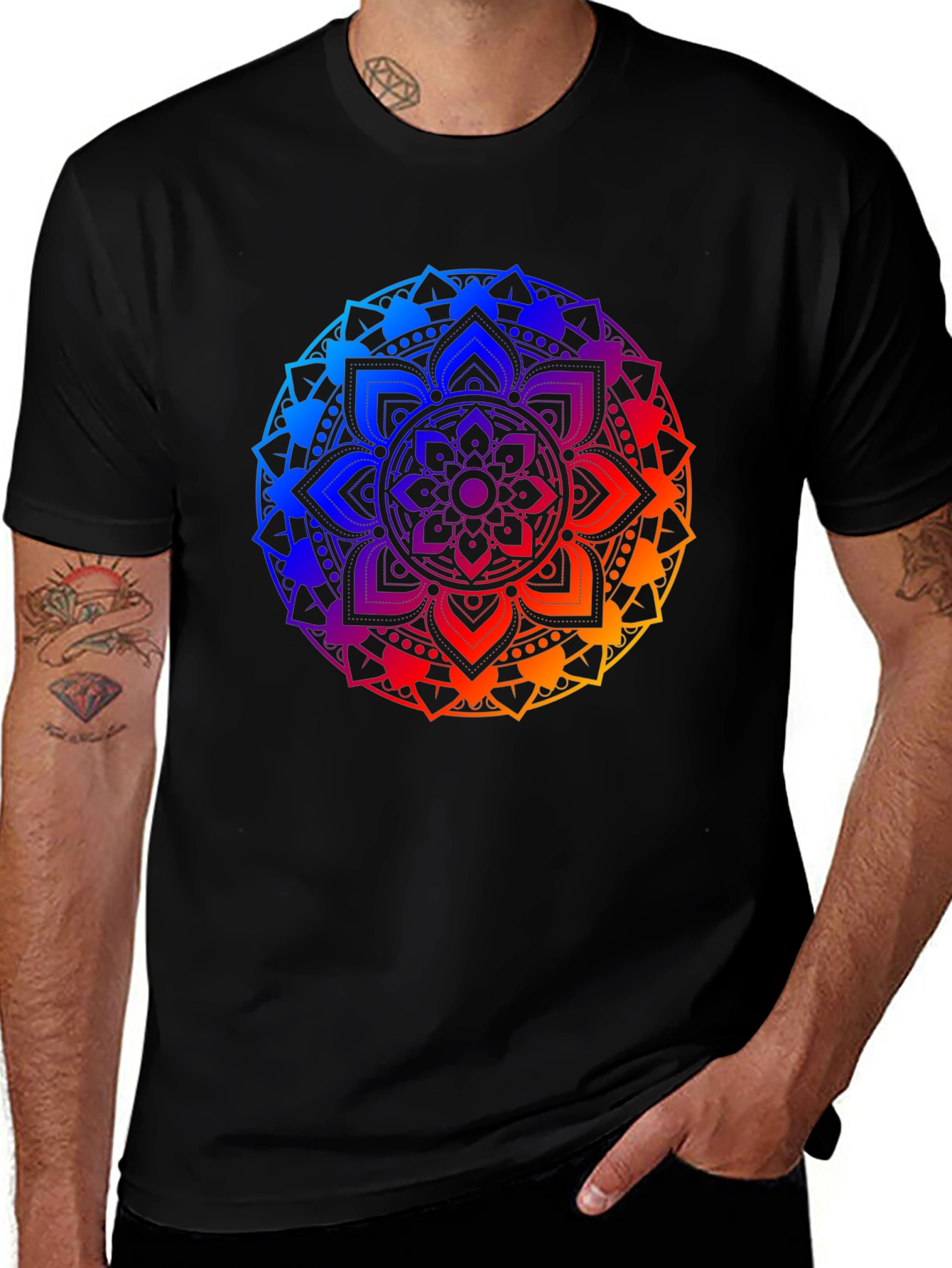 Rainbow Mandala Graphic Tee - Black Cotton Blend