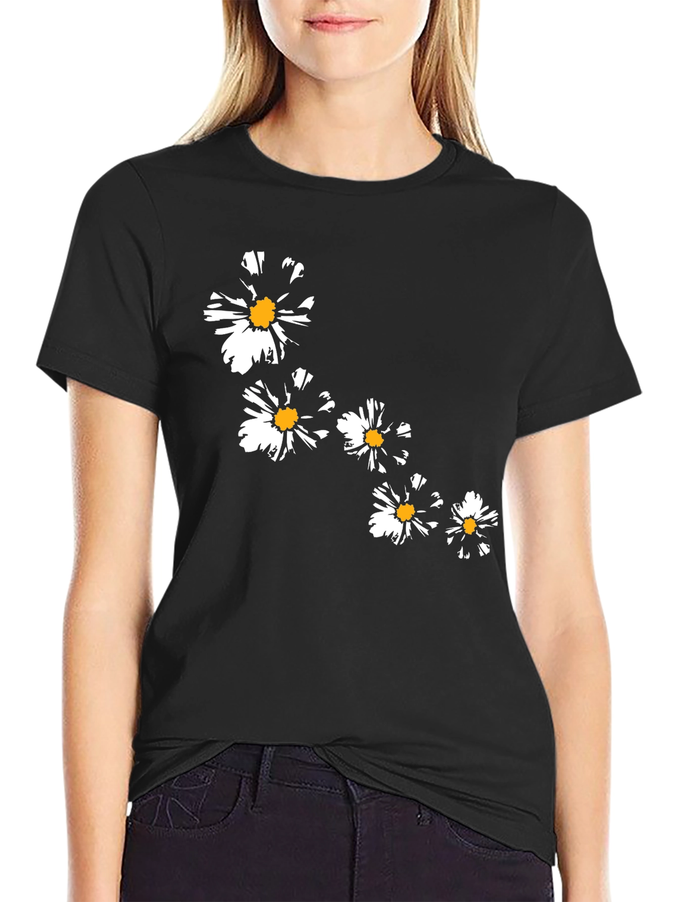 Floral Daisy Graphic T-Shirt - Stylish Black Tee