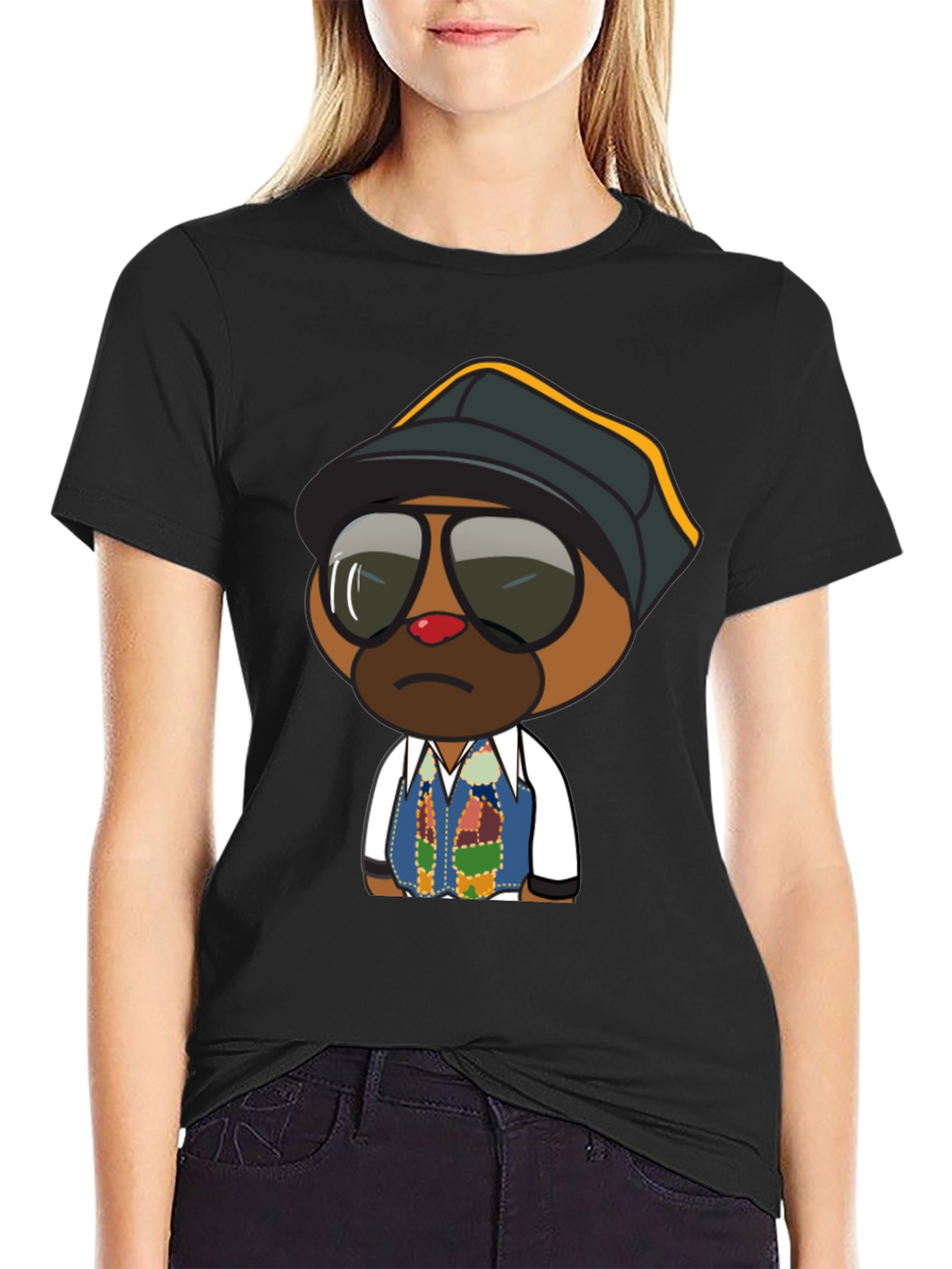 Cool Cartoon Bear Graphic Tee - Black