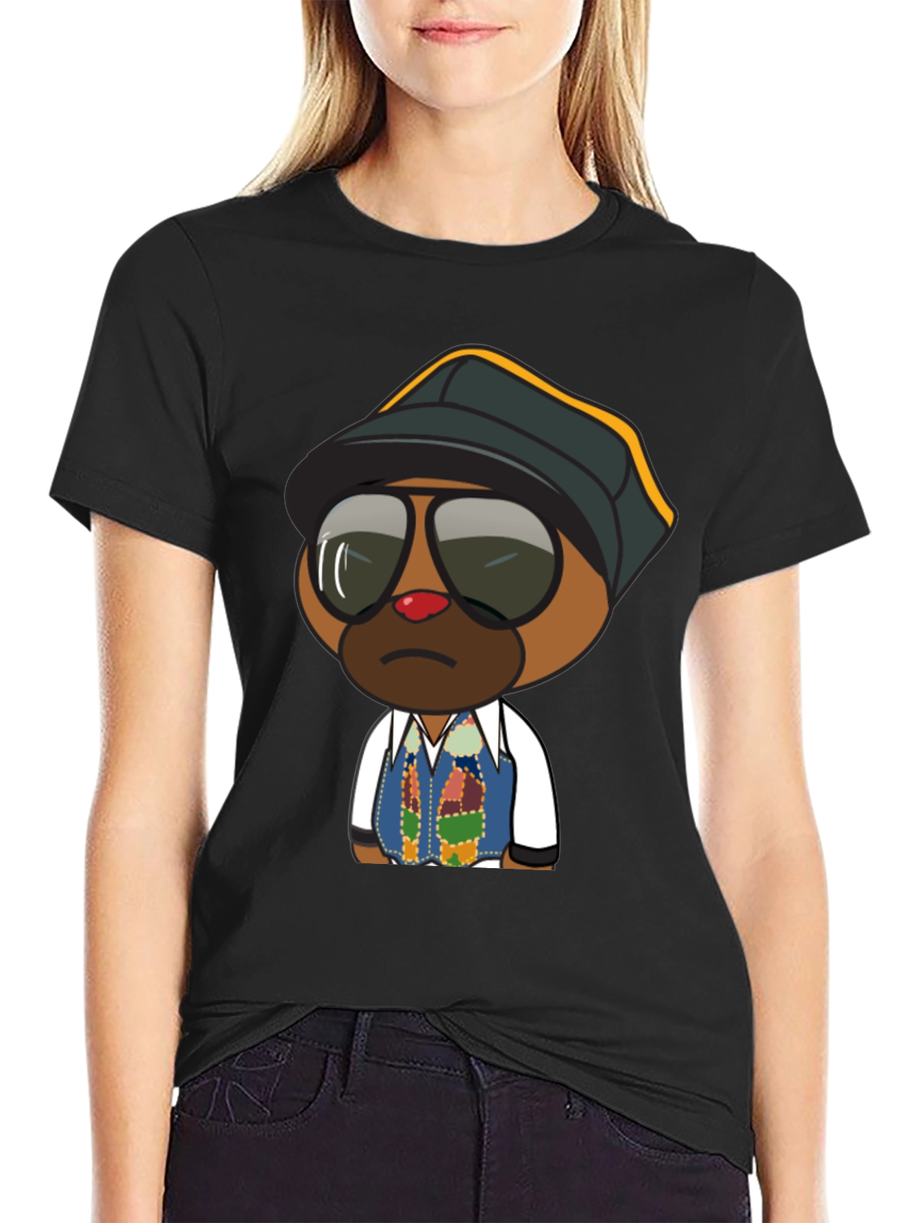 Cool Cartoon Bear Graphic Tee - Black