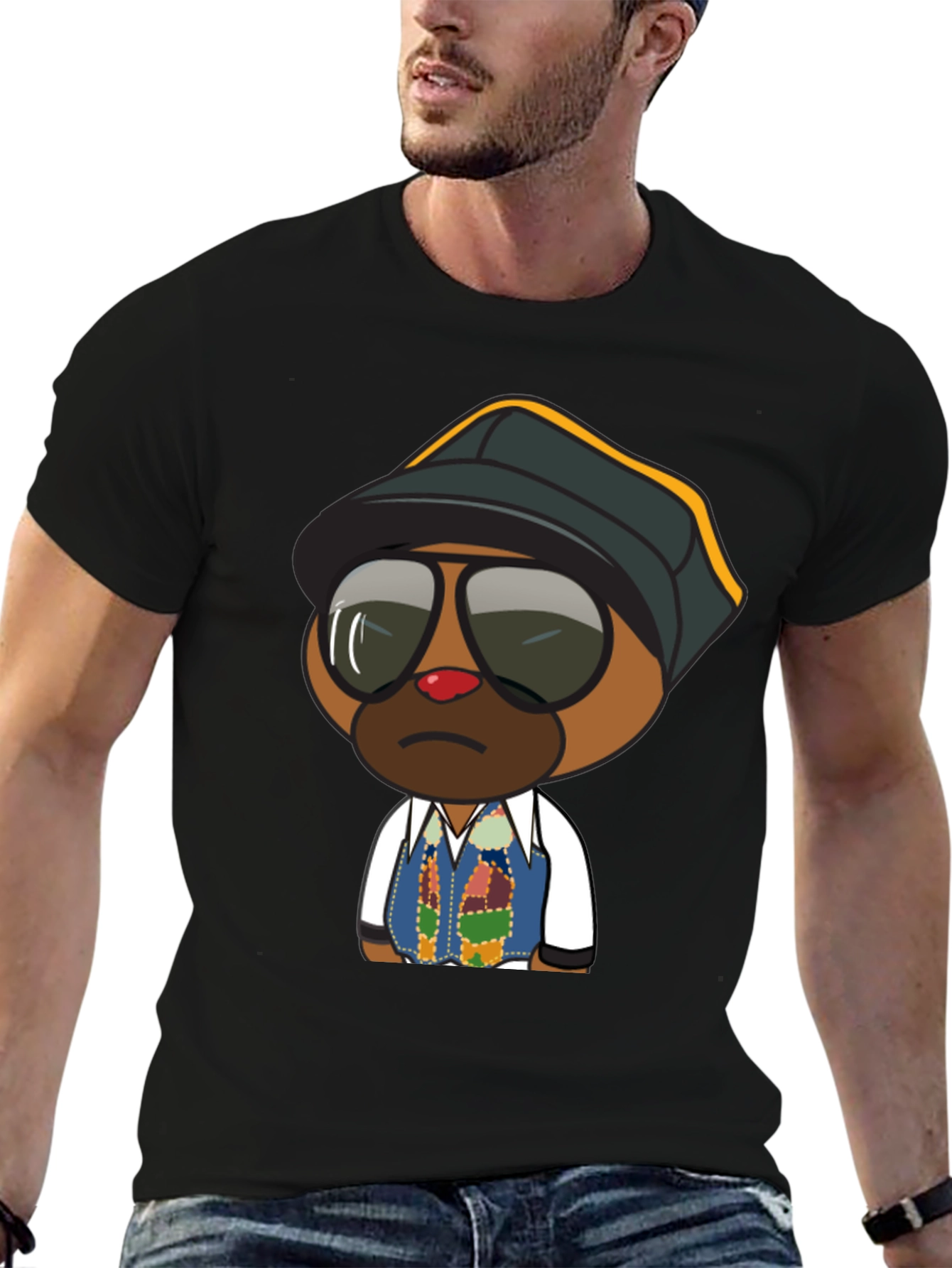 Cool Cartoon Bear Graphic Tee - Black