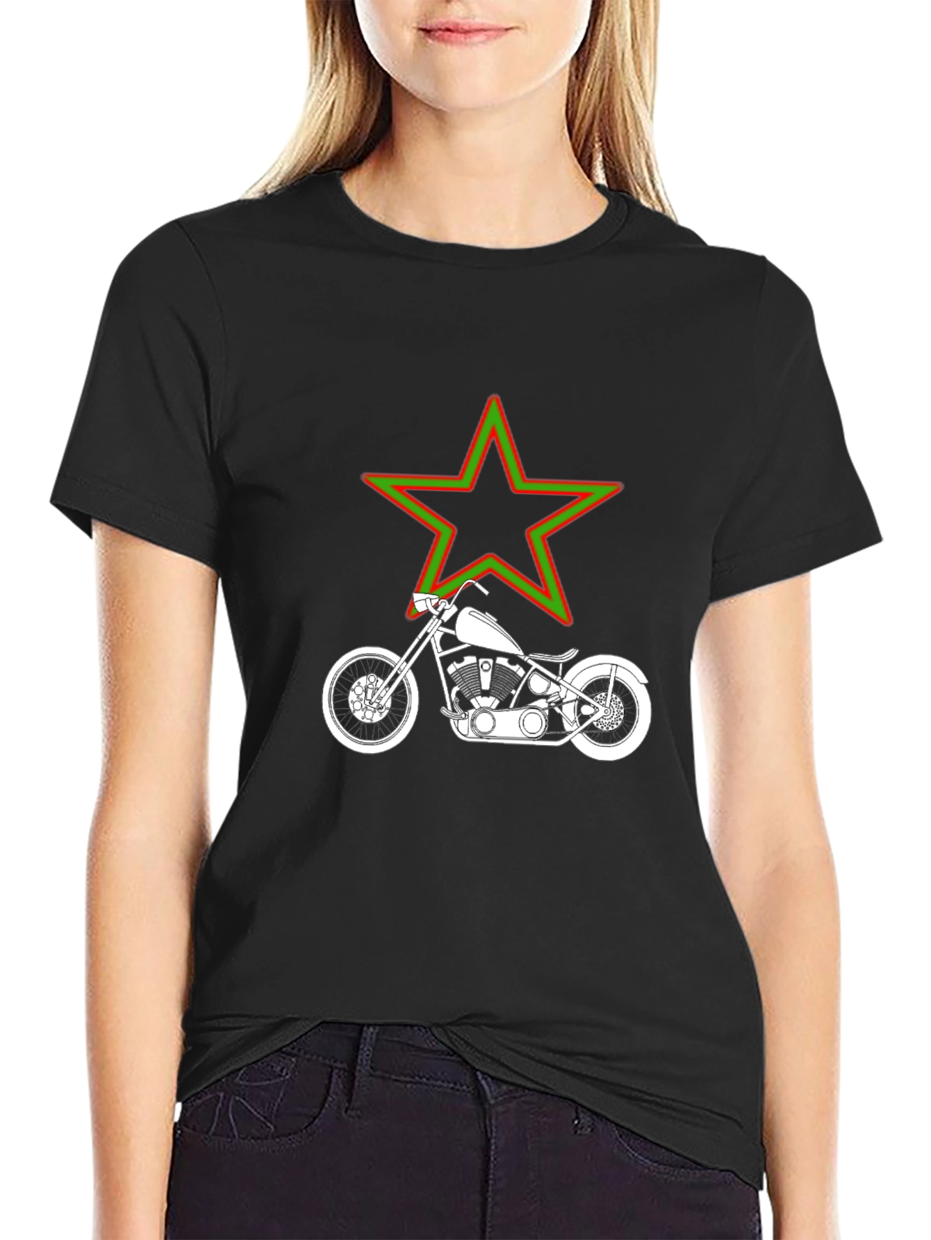 Motorcycle & Star Graphic T-Shirt - Black