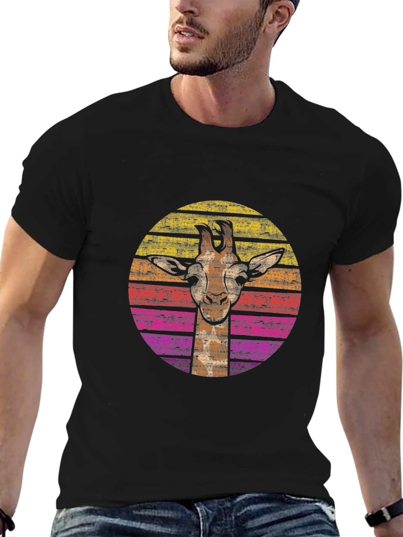 Retro Giraffe Graphic Tee - Black Cotton Comfort