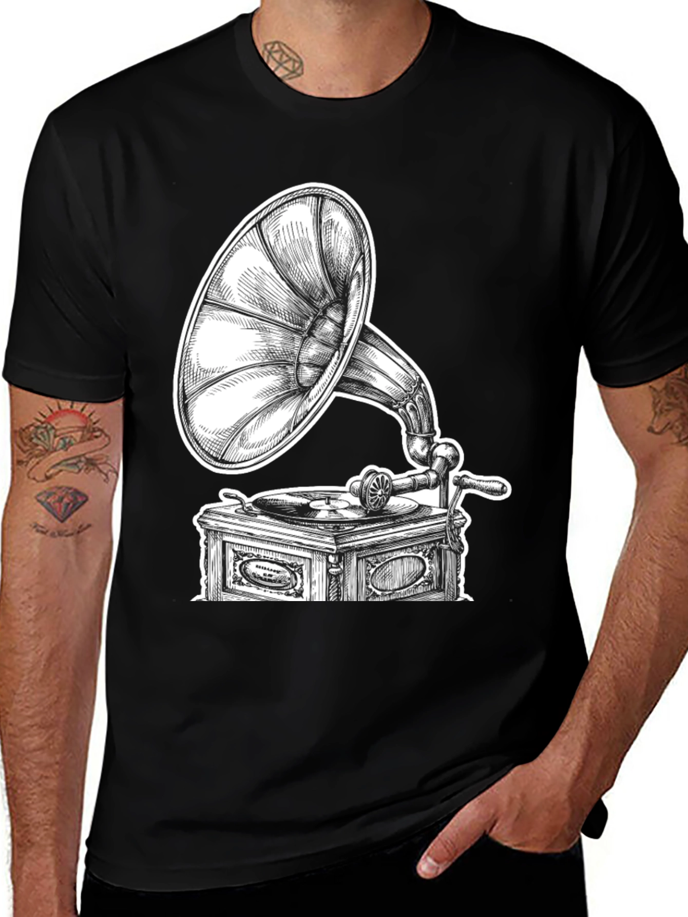 Vintage Gramophone Graphic Tee - Black