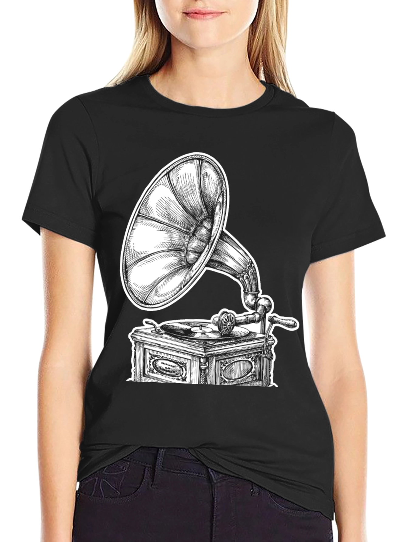 Vintage Gramophone Graphic Tee - Black