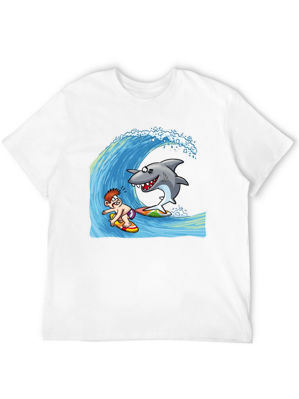 Surfing Shark Cartoon Black T-Shirt