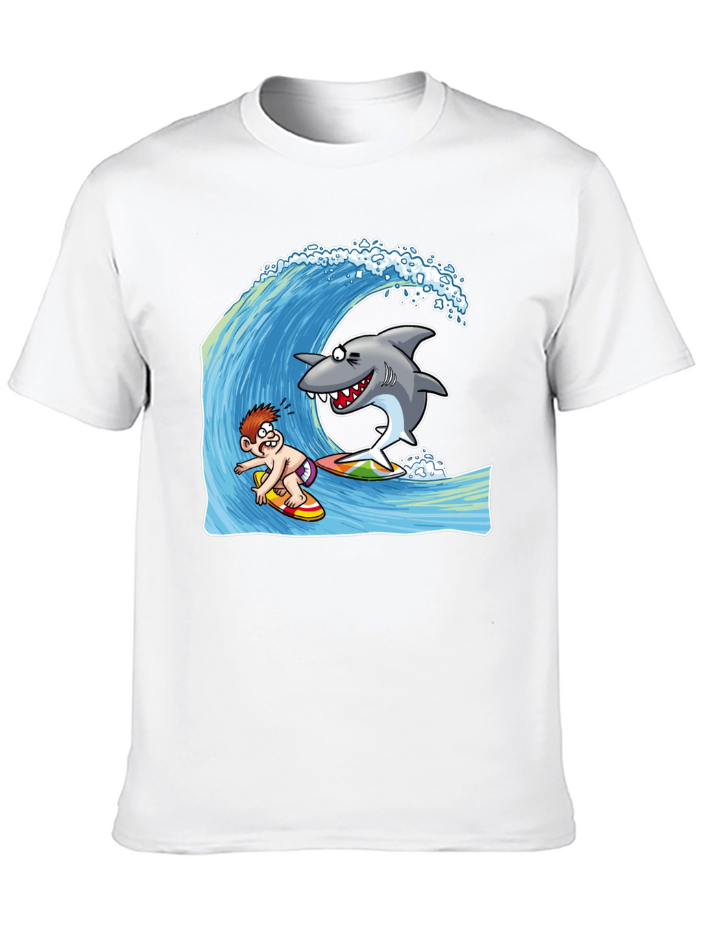 Surfing Shark Cartoon Black T-Shirt