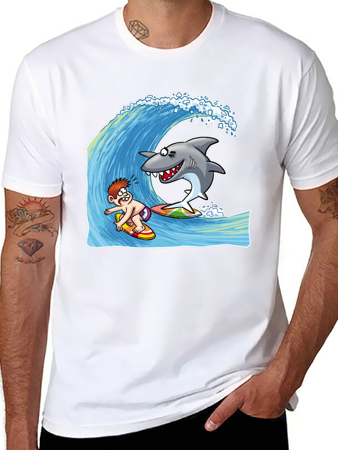 Surfing Shark Cartoon Black T-Shirt