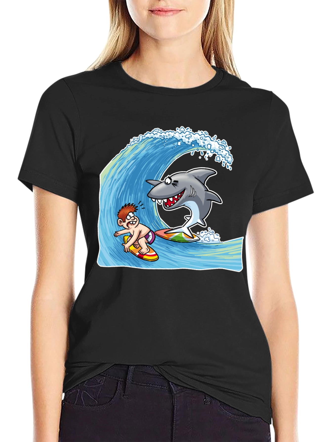Surfing Shark Cartoon Black T-Shirt